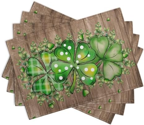 St Patricks Day Eucalyptus Leaves Placemats Set of 4, 12x18 Inch St Patrick Wooden Plank Dining Table Placemats Shamrock Spring Washable Heat Resistance Table Mats for Kitchen Dining Decor