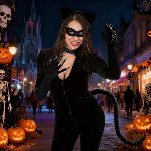 Halloween Cat Costume Accessories for Women, 5PCS Cute Black Cat Mask Ears and Tail Set, CatClaw Gloves Necklace for Adults Party Masquerade Cosplay