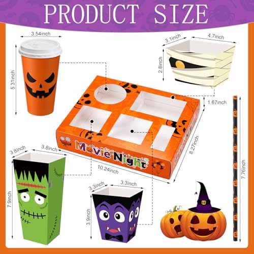 Bokon 172 Pcs/ 24 Sets of Summer Halloween Movie Night Snack Trays Funny Cartoon Pumpkin Vampire 3 Sizes Snack Boxes, 16 oz Disposable Drinks Cups, 50 Straws, Sealing Stickers for Cinema Party Decor