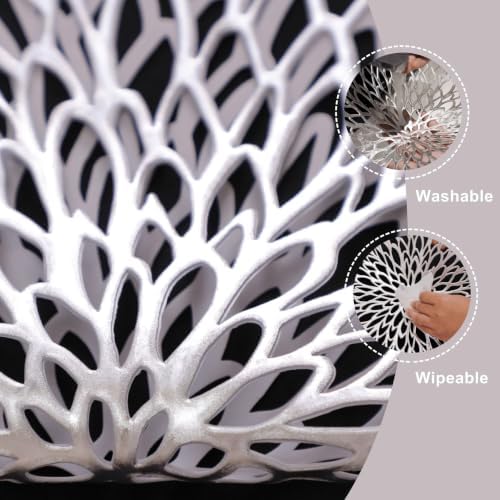 Snowkingdom 4 Pack Silver Placemats Metallic Glitter Pressed Vinyl Dinning Table Mats Decorative Round Leaf Charger for Winter Holiday Thanksgiving Christmas