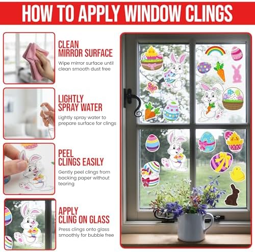Iconikal 100-Count Window Clings for Easter, Static Bunny Egg Decals for Glass Reusable, 5 Sheets of 20