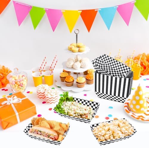 100 Pcs Black and White Checkered Paper Food Trays, Pre-Folded Classic Disposable Food Boats for Hot Dogs, Fries, Nachos, Snacks, Carnival, Picnic, Sports Events, BBQ, Party Supplies