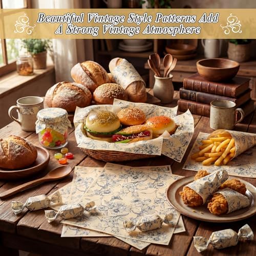 AmazingSpark 150 Pcs Deli Wax Paper Sheets for Food 8 x 10 Inch Greaseproof Waterproof Sandwich Wrapping Paper Basket Liner for Outdoor Picnic Beach Wedding Birthday Baby Shower(Flower Bird 3)