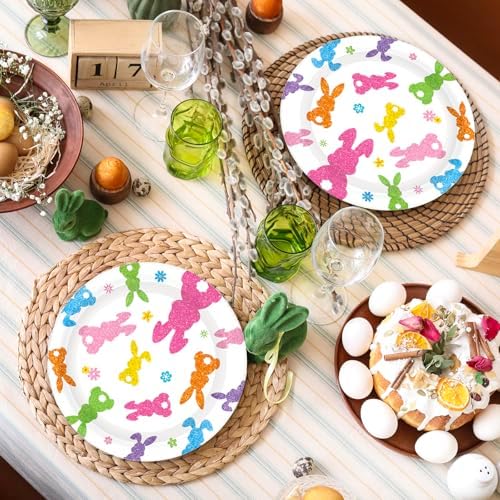 Whaline 40 Pcs Easter Bunny Paper Plates Disposable Plates 9 Inch Sparkly Colorful Rabbit Dessert Plates Flower Party Tableware for Spring Birthday Baby Shower Table Supplies