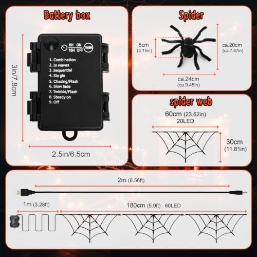 Halloween Decorations Spider Web Lights 6FT 60LED Battery Operated/USB Powered with Black Spider with Timer 8 Modes Indoor Outdoor for Halloween Decor, Orange