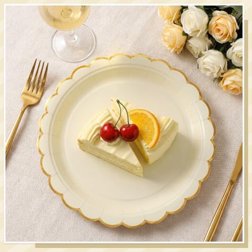 NatNarr 30 Pk Ivory Paper Plates 9" Scalloped Cream Plates with Gold Rim
