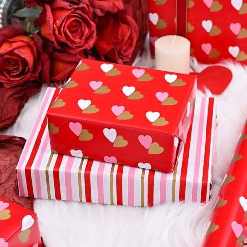 MAYPLUSS Reversible Valentine's Day Wrapping Paper Roll - 17 Inch X 33 Feet - Red Gold Foil Double Love Heart Design Lover Gift Wrap for Valentine’s Day, Birthdays, Wedding, Anniversaries and Holiday