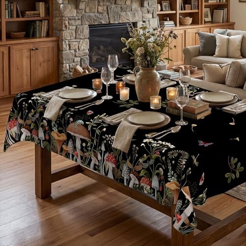 Mushroom Tablecloth 52x70 Inch Rectangle, Farmhouse Mushroom Forest Decorations for Home Table Cloth, Black Seasonal Decor Tablecloths Polyester for Picnic Party Dinner
