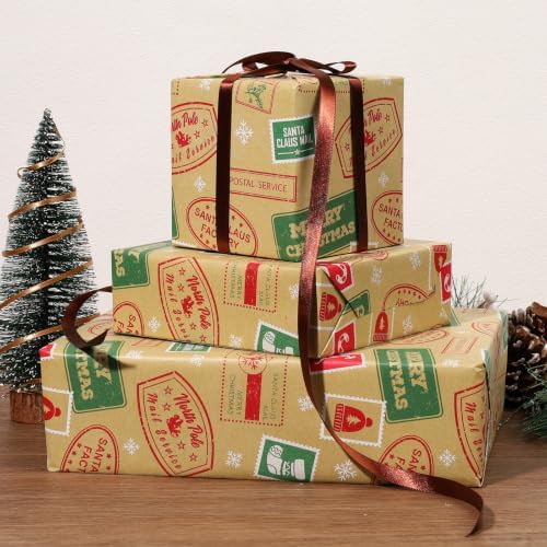 LaRibbons Kraft Christmas Wrapping Paper, Vintage Xmas Postmark Stamp