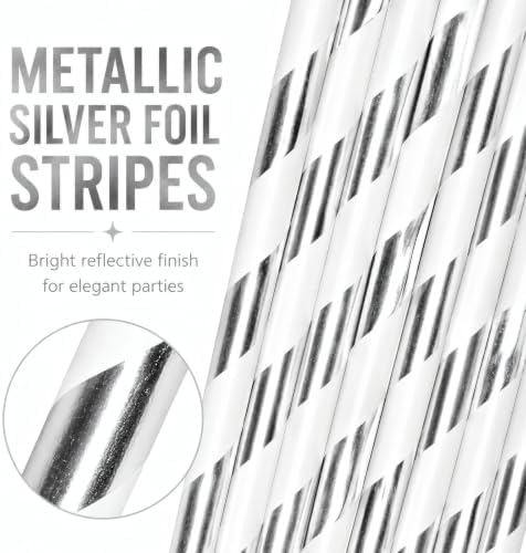 ALINK Silver Foil Striped Paper Straws, 100 Pack Party Straws, 7.75 Inch