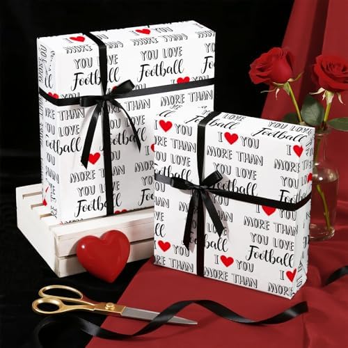 WRAPAHOLIC Funny Valentines Day Wrapping Paper Roll - Mini Roll - 17 Inch x 16.5 Feet - I Love You More Than Football Wrapping Paper for Valentine's Day, Anniversary, Sports Lover, Boyfriend