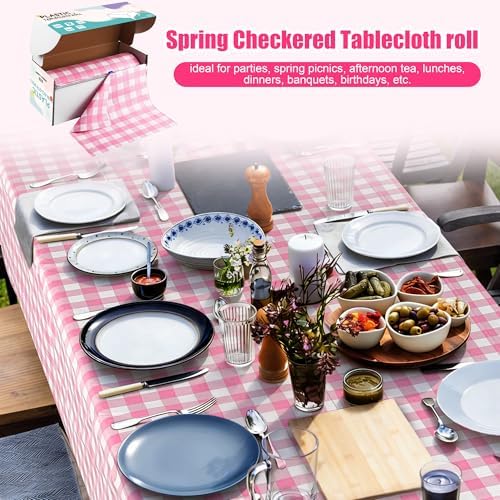 Kochorie 54 Inch x 300 Ft Light Pink Checkered Plastic Table Cloth Roll Disposable Waterproof Table Cover Plastic Table Cover Roll with Easy Slide Cutter for Outdoor Picnic/Home Dining/Spring Party