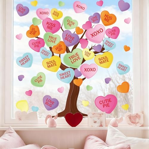 JarThenaAMCS Valentine's Day Tree Window Clings Window Stickers Conversation Heart Tree Double-Sided Glass Decals for Wedding Anniversary Party Wall Decor, 6 Sheets