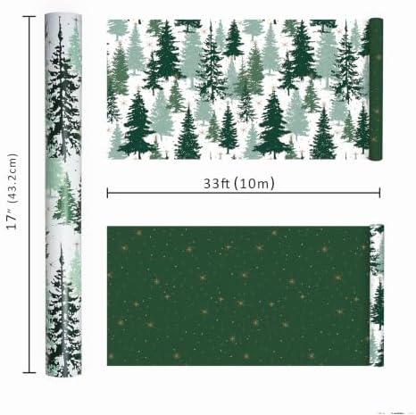 LaRibbons Reversible Green Christmas Wrapping Paper Pine Tree 17 In x 33 Ft
