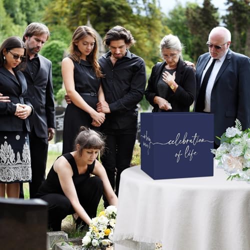 QISOLIY Navy Blue Celebration of Life Card Box with Silver Lettering, Share a Memory Funeral Card Box for Memorial Service, Remembrance Table Decor, Memory Box for Sympathy Condolence Messages