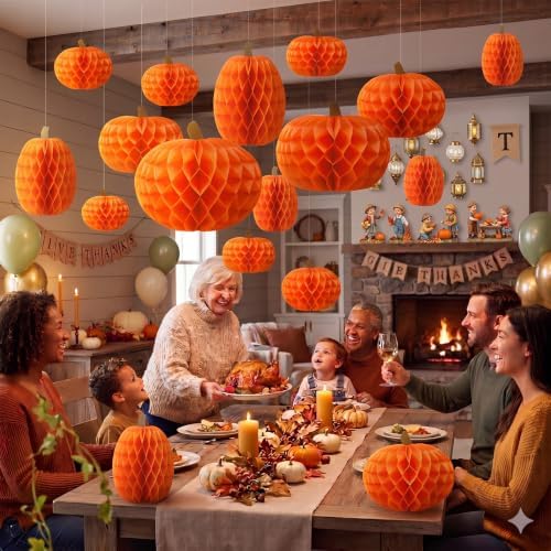 Gueevin 30 Pcs Fall Pumpkin Hanging Decorations Thanksgiving Pumpkin Honeycomb Balls Lanterns for Harvest Thanksgiving Party Supplies Indoor Outdoor Halloween Decor