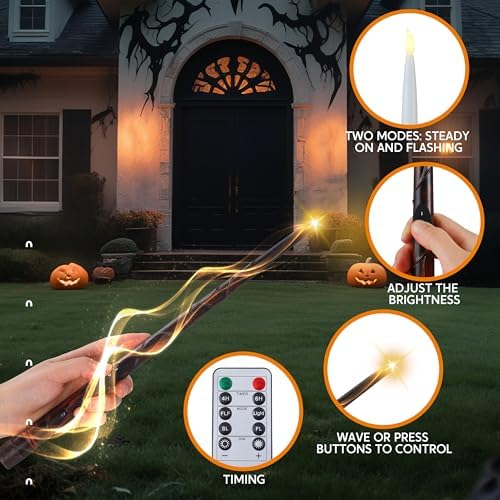 JOYIN 20Pcs Halloween Floating Candles and Witch Hat Light Up with Wand Remote Set Magic Hanging Candles and Wizard Hat with 2 Light Mode and Timer for Halloween Window Ceiling Porch Theme Party Decor