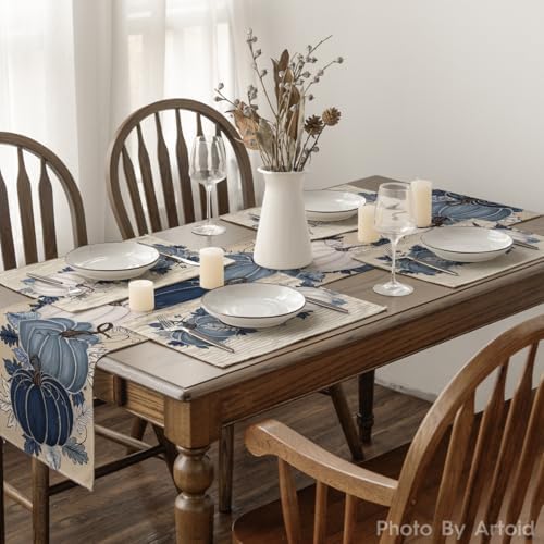Artoid Mode Navy Blue Pumpkins Fall Placemats Set of 6-12 x 18 Inch