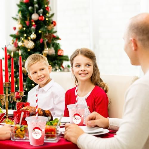 Whaline 50 Pcs 12 Oz Christmas Disposable Plastic Cups with Lids and Straws Santa Claus Face Cold Beverage Drinking Cups for Winter Xmas Birthday Party Supplies