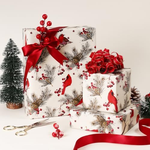 LaRibbons Cardinal Christmas Wrapping Paper, Rustic Woodland Red Birds