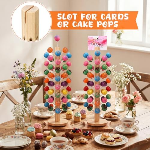 Lallisa 2 Pack Wood Cake Pop Stand with Spinning Base, 50 Holes Wooden Lollipop Tree Holder Stand, Decorative Cake Candy Display Dessert Holder, for Wedding Baby Showers Anniversaries Birthday Party