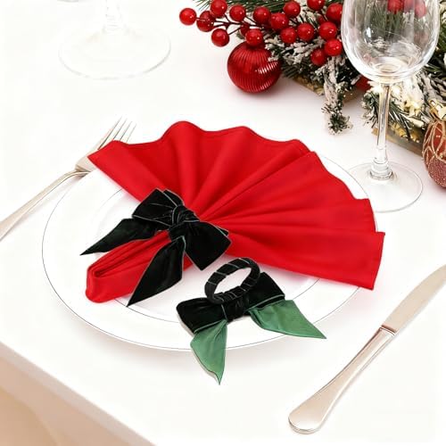 Christmas Bow Napkin Rings Set of 6 Green Velvet Bow Cloth Napkin Holders for Christmas Eve New Year Party Wedding Anniversary Brithday Gatherings & Home Daily Dinner Table Decor