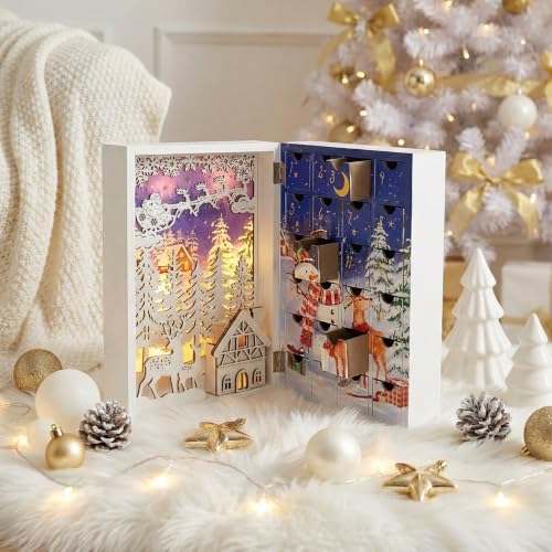 Lighted Wooden Christmas Advent Calendar Book, White