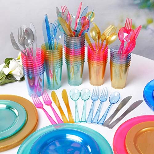 WDF 25 Guest Blue Plates with Disposable Silverware&Blue Cups-Neon Clear Plastic Dinnerware include 25 Dinner &Salad Plates,25Forks, 25 Knives, 25 Spoons,25 Cups for Graduation (Pack of 2)