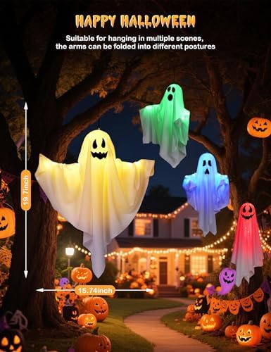 Halloween Decorations Outdoor Indoor 4 Pack Hanging Ghosts Halloween Haunted House Light Up Kit Decor for Tree House Yard Porch Window Bedroom Party