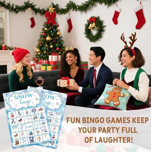 Snow Bingo Game, Christmas Party Games for Adults, Xmas Snowman Bingo Game Cards for Large Group Family Friends Activities, Winter Holiday Party Decor Supplies, 08