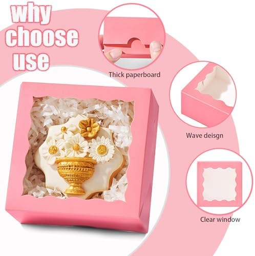 100 Pack 4x4x2 Inches Pink Bakery Boxes with Clear Window Perfect for Packaging Macaron Ores Chocolate Truffle Strawberry Cookie Donut Pie Treat Boxes for Wedding Valentine's Birthday