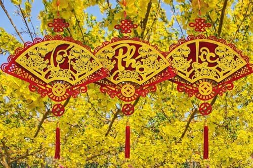 Vietnamese Red Velvet Fans with Gold Calligraphy, 3 Pieces TET Phuc LOC Lunar New Year Wall Decorations/Vietnamese Lunar New Year Decoration/Set Quat Trang Tri TET (3 Pieces)