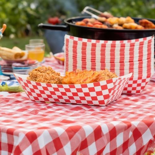 30 Pcs No Folding Required 2lb Gingham Party Supplies Disposable Paper Food Trays for Shower Wedding Tea Party Supplies Nacho Snack (Red)