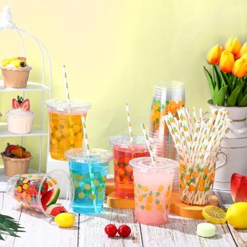 Funnymoom 50 Sets Pineapple Disposable Plastic Cups Bulk with Lids Straws 16 oz Hawaii Luau Clear Plastic Cups Yellow Fruit Themed Party Favors for Baby Shower Birthday Summer Tropical Party