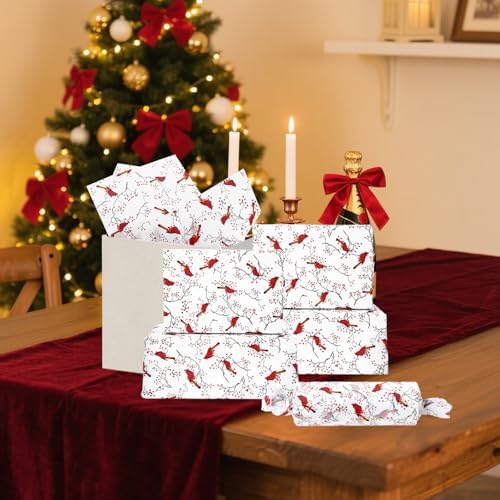 JarThenaAMCS 60 Sheets Christmas Tissue Paper Red Cardinal Bird Berry Gift Wrapping Paper Xmas DIY Art Crafts Tissue for Winter Holiday Birthday, 14 x 20 Inch