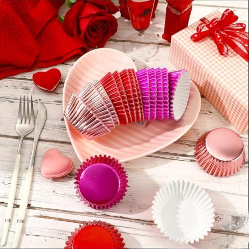 SANNIX 450Pcs Valentine's Day Foil Cupcake Liners Red Pink Cupcake Wrappers Foil Metallic Muffin Liners Baking Cups for Valentines Wedding Party Decorations Supplies