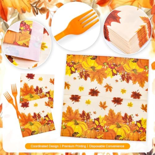 96 Pieces Thanksgiving Pumpkin Tableware Set – Disposable Fall Harvest Paper Plates and Napkins for Thanksgiving Dinner, Friendsgiving, Autumn Harvest Party and Fall Gatherings – Serves 24