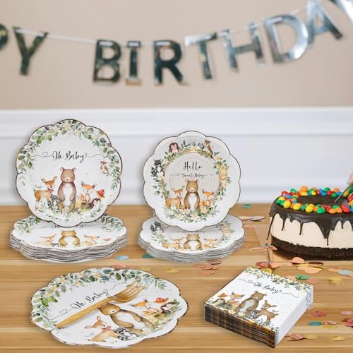 96 Pieces Woodland Baby Shower Tableware Set – Scalloped Forest Animal Disposable Dinnerware with Paper Plates, Napkins, and Forks for Gender Neutral Baby Showers and Birthday Parties – Serves 24
