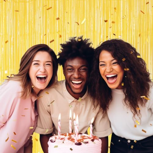 DECOCKRAT 3 Pack Foil Fringe Backdrop - Pastel Yellow Shiny Tinsel Curtains for Party Decoration/Photo Booth Props - 3.3x8.2 FT Metallic Foil Backdrop for Birthday, Wedding, Graduation, Christmas.