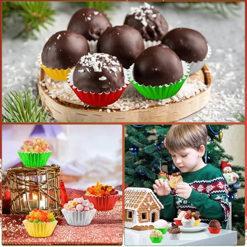 AUGSUN 400pcs Christmas Mini Foil Cupcake Liners Golden Red Green Silver