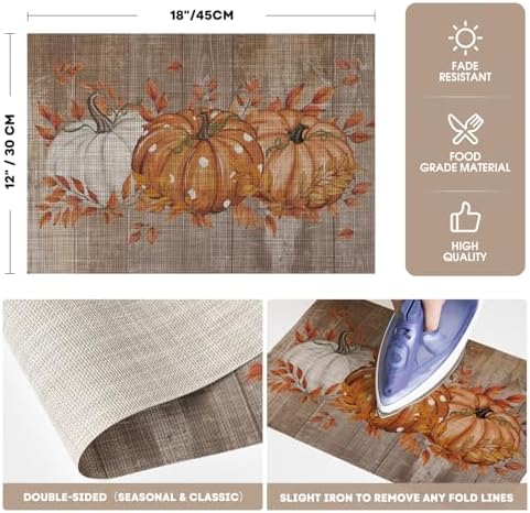 Artoid Mode Wood Pumpkin Leaves Fall Vinyl Placemats Set of 6, Wipeable Woven PVC Table Mats for Thanksgiving Farmhouse Party Kitchen Dining Decor