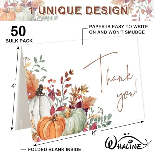 Whaline 50 Pack Fall Thank You Cards Boxed Boho Pumpkin Leaves Note Cards with Envelopes Stickers Blank Greeting Card for Autumn Thanksgiving Wedding Birthday Baby Shower