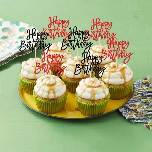 24 PCS Happy Birthday Cupcake Toppers Glitter Happy Birthday Cupcake Picks for Celebrating Anniversary Theme Party Cake Decorations Supplies Black Red