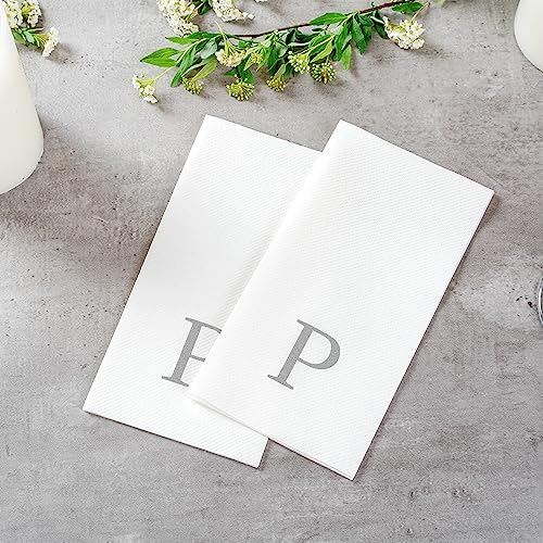 Luxenap 15.8 X 7.9 Inch Linen-Feel Guest Towels, 50 Lettered Hand Towels - Silver Letter 'P', Sans Serif Font, White Paper Dinner Napkins, airlaid, For Restrooms And Tables - Restaurantware