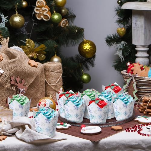 Maxdot 200 Pcs Winter Snowflake Tulip Cupcake Liners for Baking Blue Silver Snowflake Paper Muffin Baking Cups Christmas Tulip Muffin Liners Wrappers for Xmas Winter Birthday Party Supplies