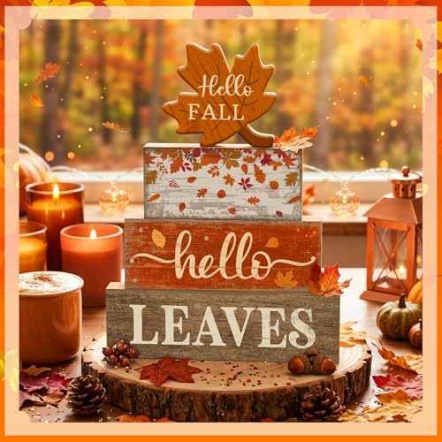 Moucuny 4 Pcs Fall Table Decorations for Home, Maple Leaf Wooden Sign Set