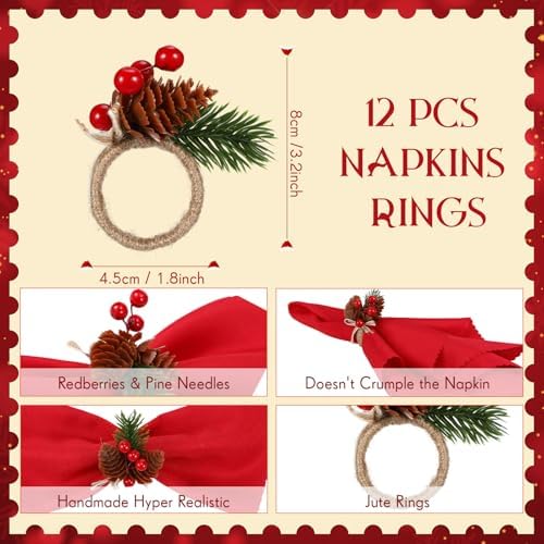 LemonRoad 36 Pcs Christmas Cloth Napkins and Napkin Ring Holders, Reusable Fabric with Pine Needle Red Fruit Napkin Rings for Xmas Table Decor, Banquet, Holiday Dinner Party, Wedding Party Supplies