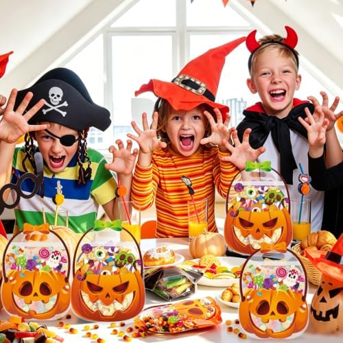 FOIMAS Halloween Treat Bags, 50pcs Pumpkin Cauldron Plastic Candy Bag Zipper Seal Bag Resealable Jack-O-Latern Goodie Bags with Handle for Trick or Treat Halloween Party Supply Decor Home Classroom