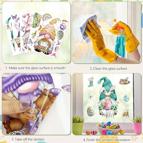 Easter Window Clings 12 Sheets, Spring Easter Gnome Window Decals Stickers