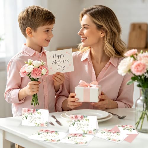 100 Pack Pink Thank You Cards with Envelopes, Floral Thank You Cards